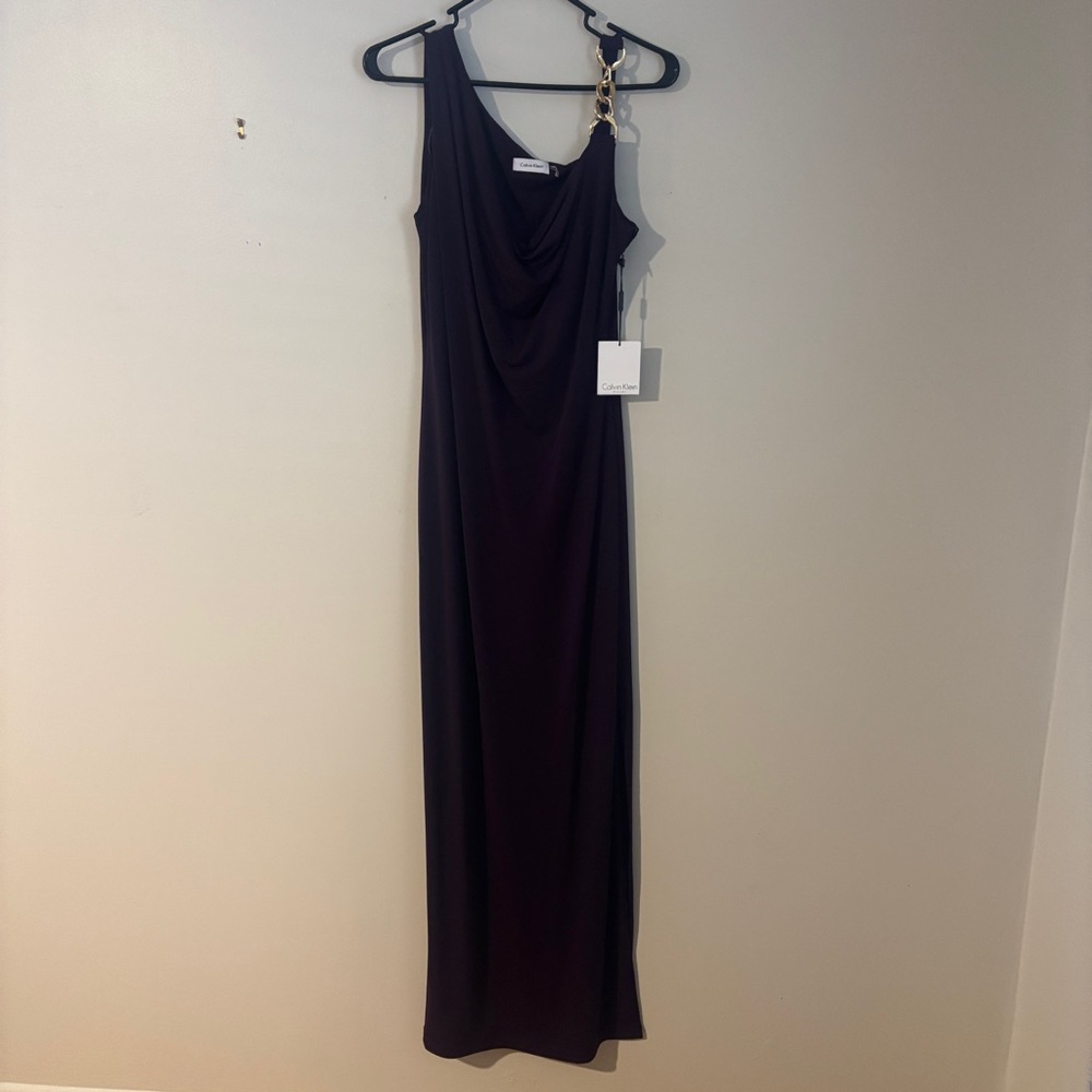 NWT Calvin Klein Dark Purple Draped Maxi Dress with gold detail